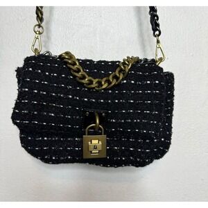 Steve Madden BTerra Black Tweed Shoulder Bag Purse Gold Tone Chain Handle Preppy